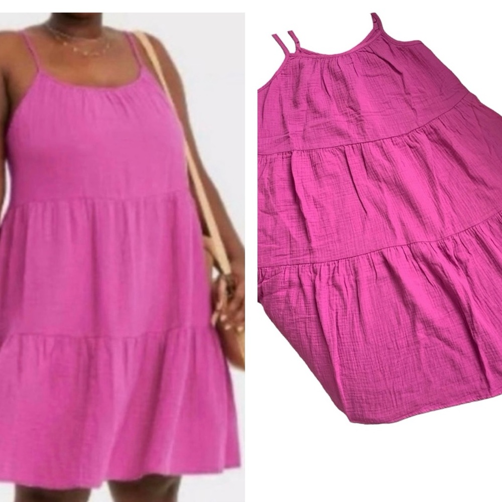 Hot Pink Cotton Gauze Babydoll Tiered Dress Spaghetti Straps Boho Summer S
